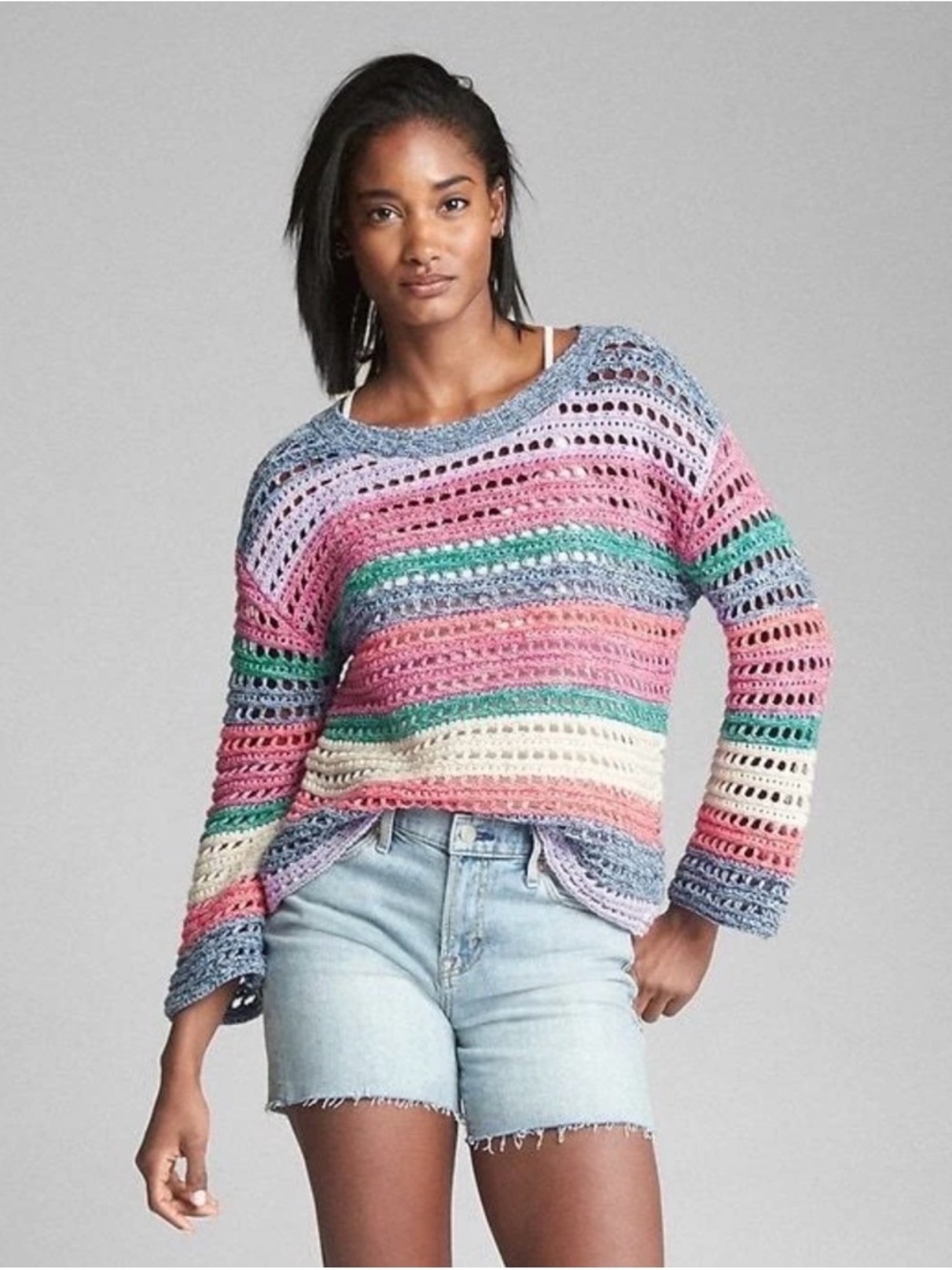GAP Bell Sleeve Crochet 100% cotton Crew Sweater in Pink Multi XL